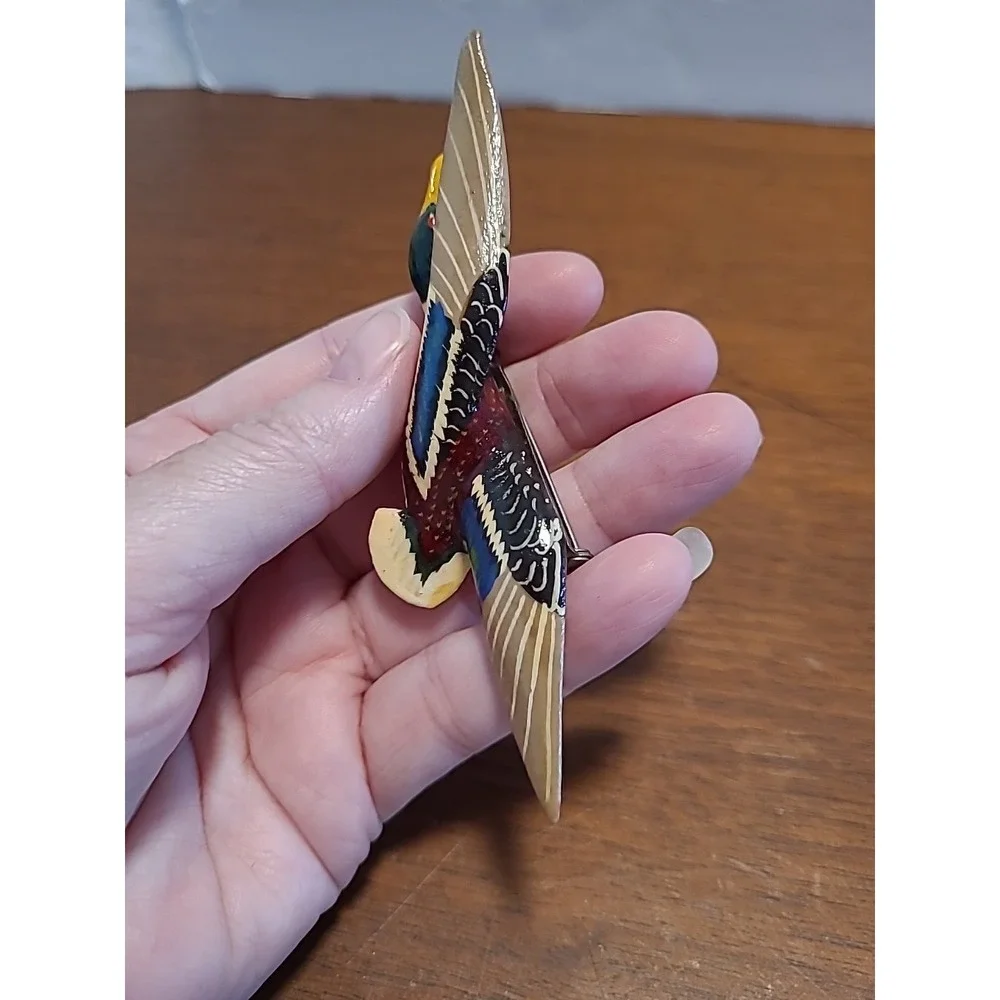 Vtg 70s Mallard Duck Brooch Pin Carved Wood Hand Painted Figural Bird Signed‎